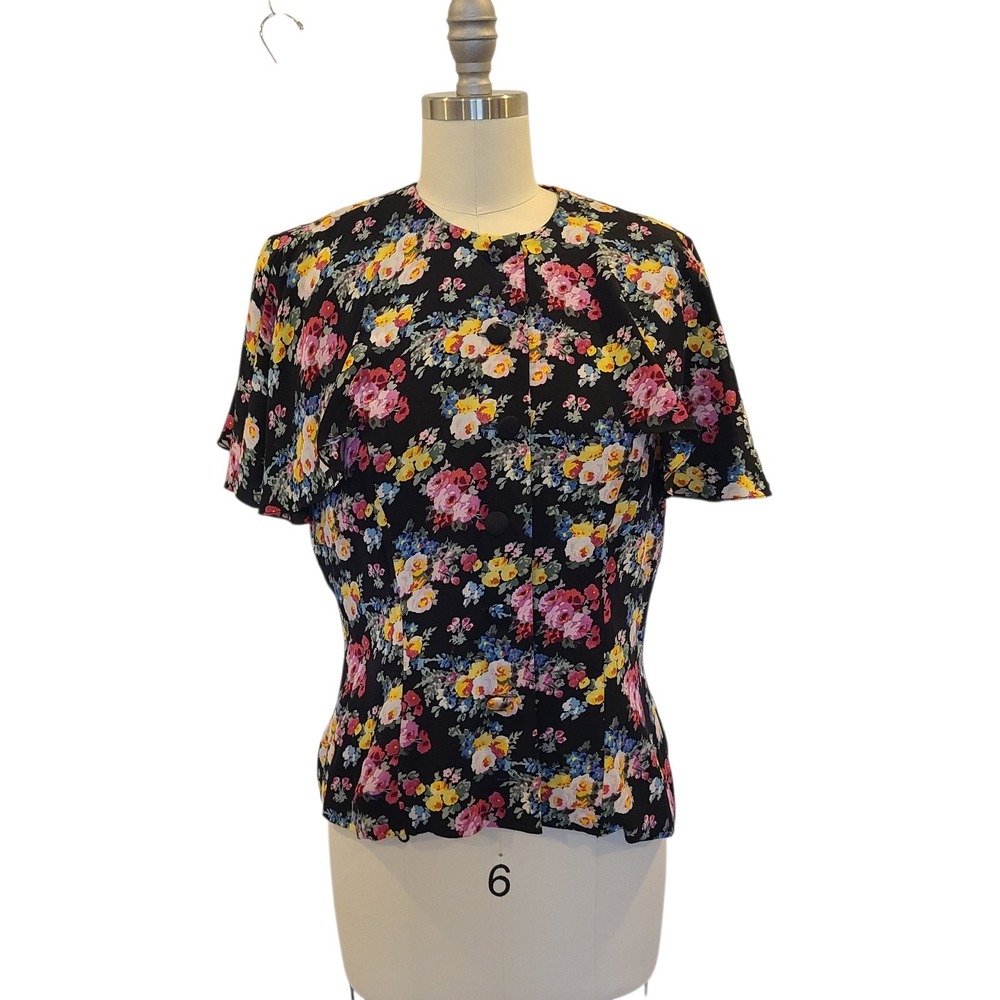Vtg‎ Albert Nipon Silk Blouse Black Floral Buttons Lined Flounce Sleeve Medium 8